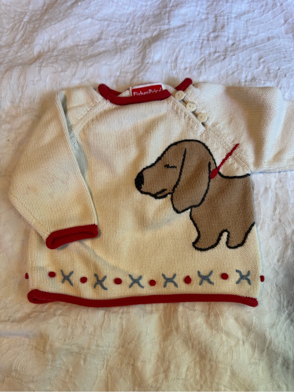 Fisher Price Baby 12M Dachshund Dog Knit Sweater Cotton Cream Red Cottagecore